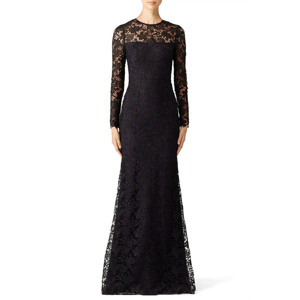 MONIQUE LHUILLIER Maxi Dress 12 Black Lace‎ Tower Gown Crew Long Sleeve Formal